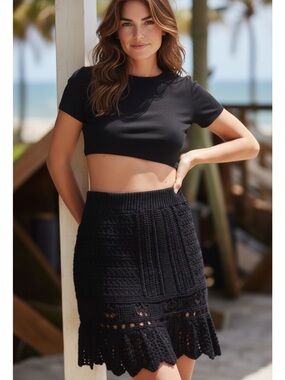 Anthropologie Black Crochet Knit Mini Skirt